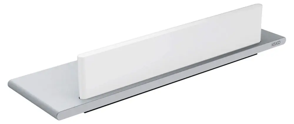 Duschablage in Aluminium-silber-eloxiert von Keuco mit einem integrierten Glasabzieher. Schlichte, funktionale Form für Badezimmeranwendungen.